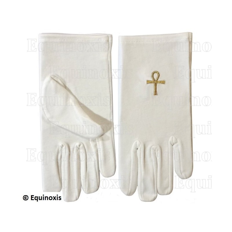 Guantes masónicos bordados de algodón – Cruz Ankh – Talla L