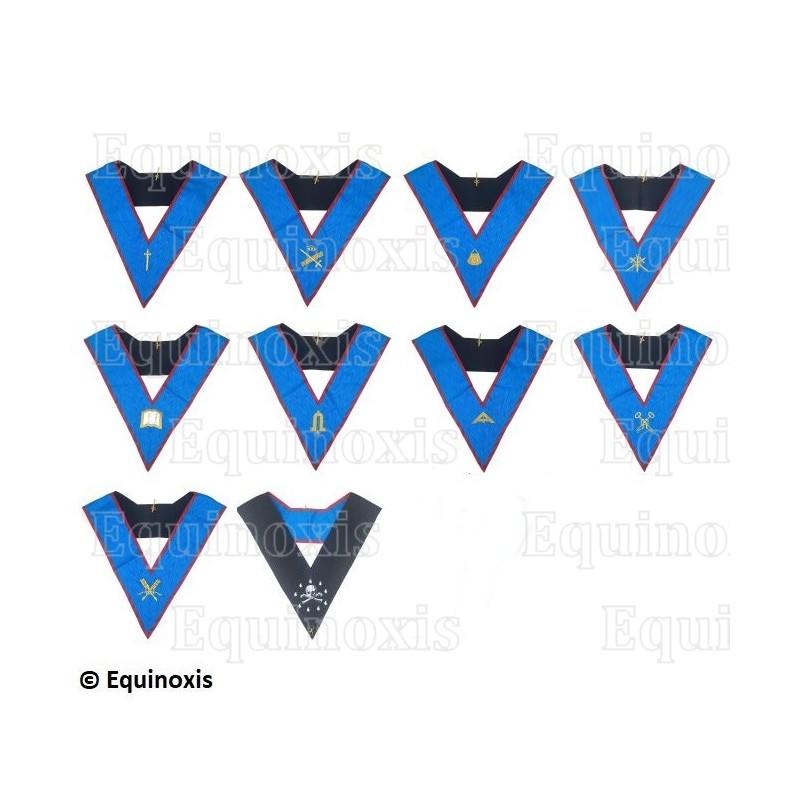 Collares masónicos muarés – Set Colegio de 9 Oficiales – REAA – GLNF – Bordados a máquina
