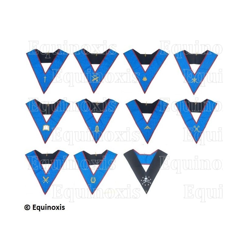 Collares masónicos muarés – Set Colegio de 10 Oficiales – REAA – GLNF – Bordados a máquina