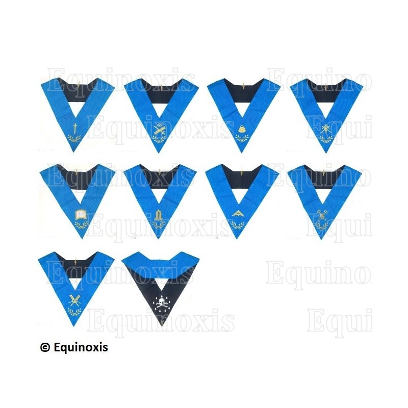 Collares masónicos – Rito Francés Groussier – Set Collège des 9 Officiers – Bordado a máquina 