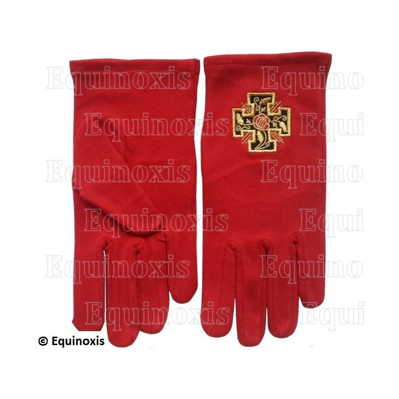 Guantes masónicos rojos bordados de algodón – REAA – 18° grado – Cruz potenzada – Talla XXXL