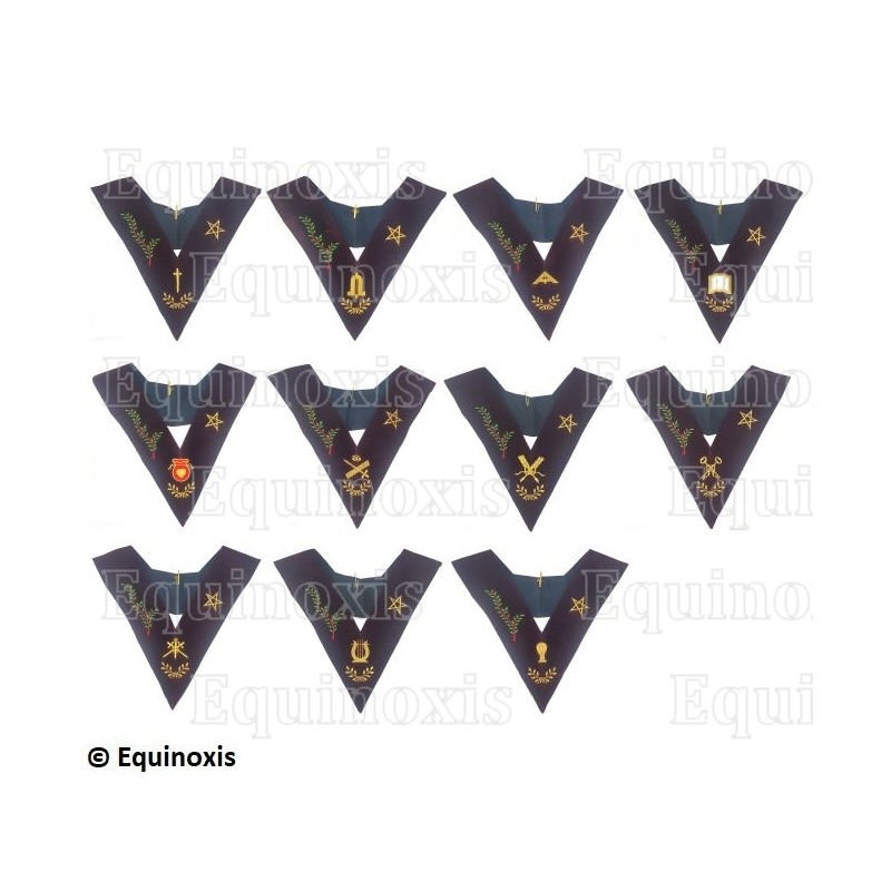 Collares masónicos de terciopelo – REAA – 14° grado – Set Colegio de 11 Oficiales con estrella y acacia – Bordados a máquina