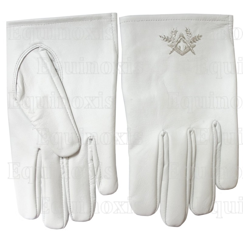 Guantes masónicos de cuero blanco – Escuadra y compás plateados – Talla M