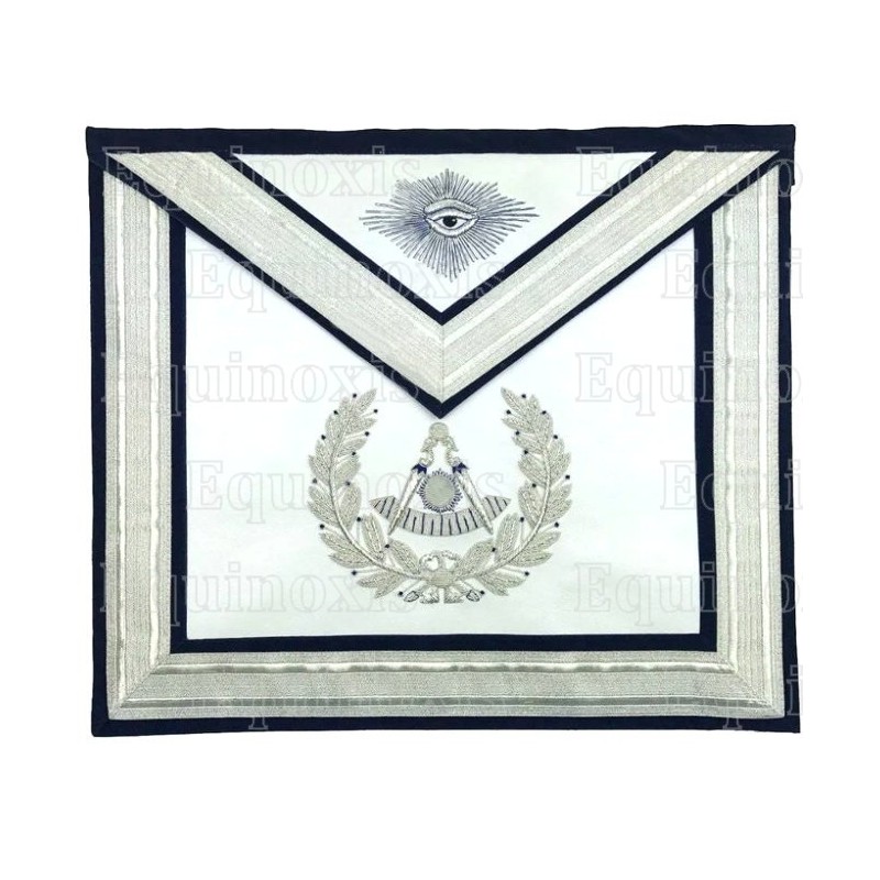 Mandil masónico de cuero – Rito York – Passé Maître – Ruban argenté et oeil avec gloire – Bordado a mano