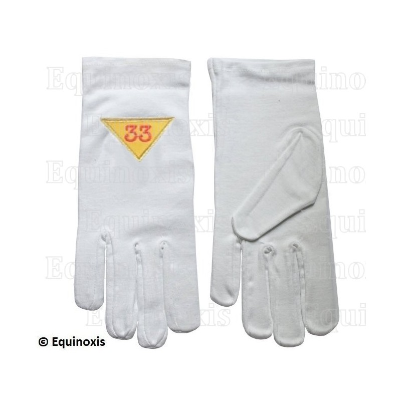Gants maçonniques coton brodés – REAA – 33° grado – Triangle vers le bas – Talla M