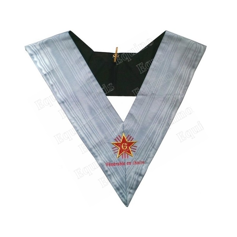 Collar masónico muaré – Rito Francés Tradicional – Vénérable en chaire avec inscription – Espalda luto – Bordado a máquina
