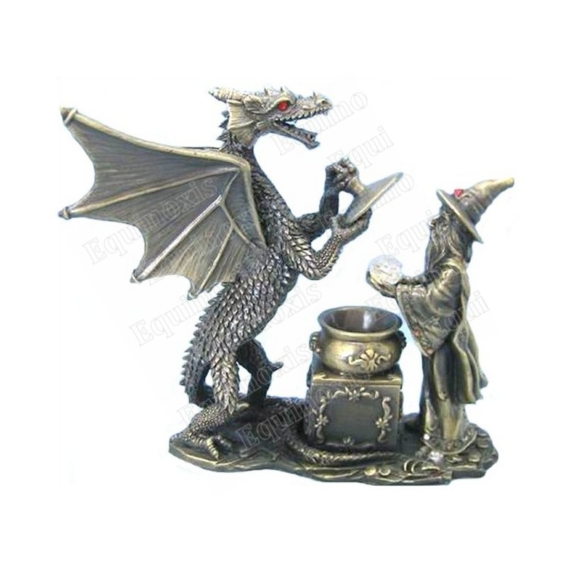 Figurine magicien étain – Mago et dragon devant un chaudron