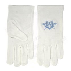 Guantes masónicos bordados de algodón – Escuadra y compás con acacia – Broderie bleue – Talla M