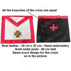 Tablier maçonnique en cuir – REAA – 18ème degré – Chevalier Rose-Croix – Croix pattée – Brodé main – Dos croix grecque 