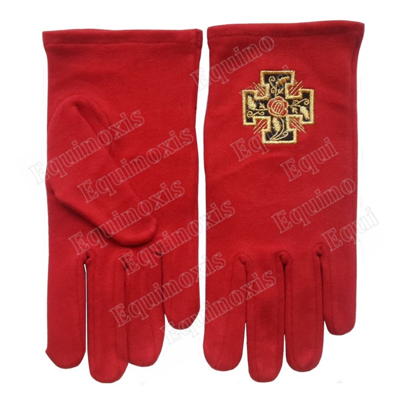 Gants maçonniques coton brodés rouges – REAA – 18ème degré – Croix potencée – Taille L